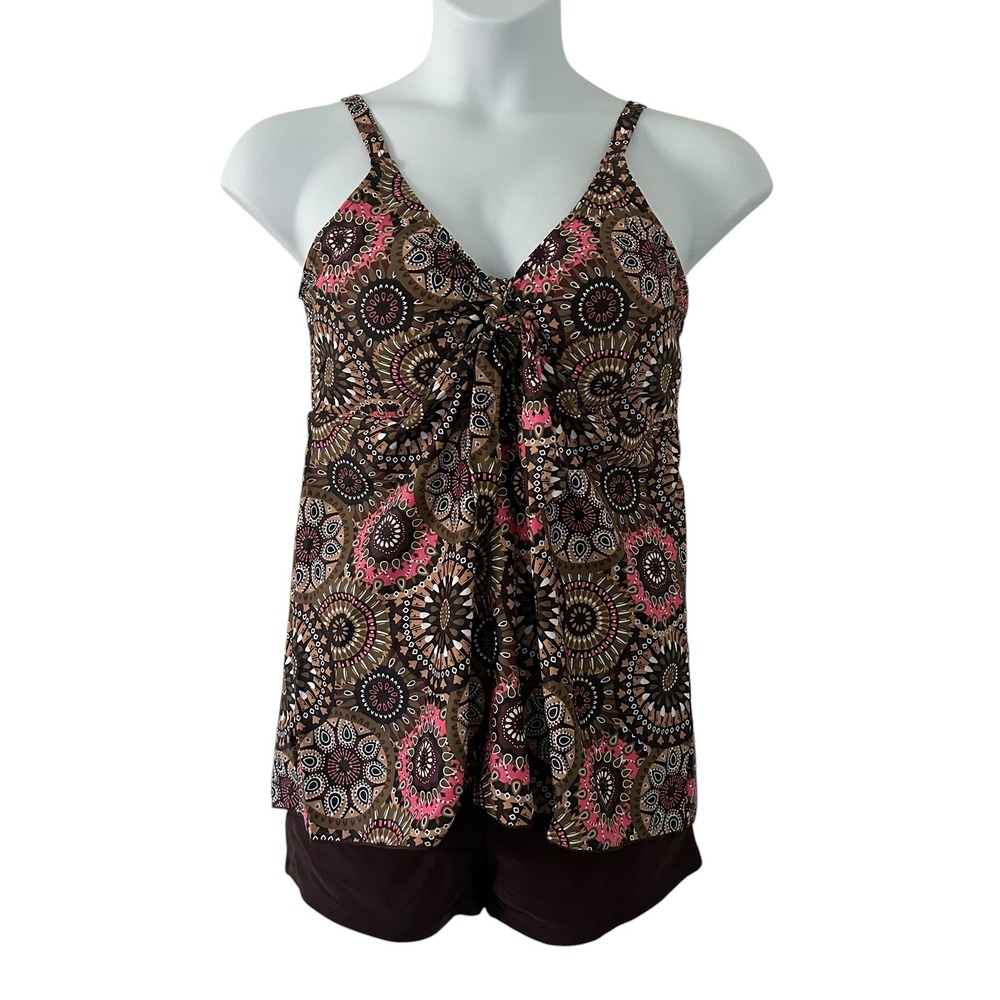 Zando Women's Tankini Boy Shorts Brown Geometric Two-Piece Padded Adjustable 3XL